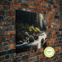 a rocky stream, watercolor art, serene nature landscape art, framed canvas print, mouth of the river in the morning ligh