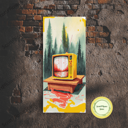 abstract surreal landscape art, framed canvas print, retro tv in a forest, weird strange home decor