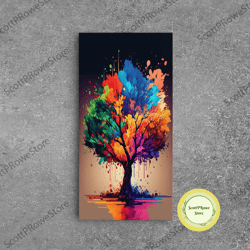abstract tree watercolor canvas print, splatter art, blooming colorful tree on canvas, original plant floral artwork, la