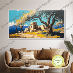 ancient roman ruins, framed canvas print, old world art, olive tree amongst the ruins, living room decor