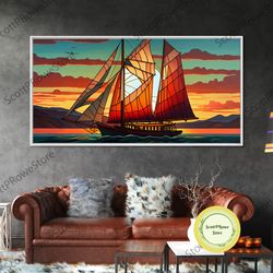 art deco stained glass sail boat wall art framed canvas print nautical art seascape art beach house decor-1