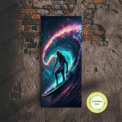 astronaut surfing the stars, cosmic surfer, galaxy art, framed canvas print, unique colorful wall art