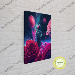 Astronaut In Space Among The Roses, Surreal Scifi Galaxy Art, Framed Canvas Print, Framed Wall Art, Wall Decor, Living R