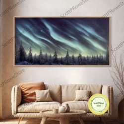 aurora borealis over a snowy northern forest, canvas print, scenic winter landscape art, northern lights