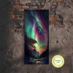 aurora borealis, northern lights art, framed canvas print, snow capped mountain landscape art