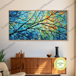 beautiful impasto style tree branch leaves canvas print, framed wall art, above sofa art, air bnb decor, framed wall dec