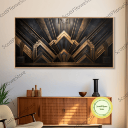 black and gold art deco style mountain landscape at sunset, framed canvas print, large format wall art, huge wall decor