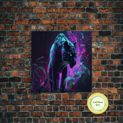 black panther art, cool big cat in the jungle, framed canvas print, wall art decor