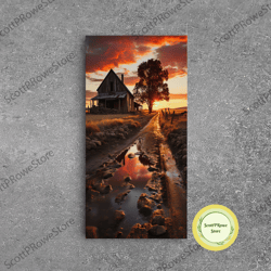 cottage on the lake, wall art, framed canvas print, subdued minimalist boho style wall decor, canvas art, rustic decor