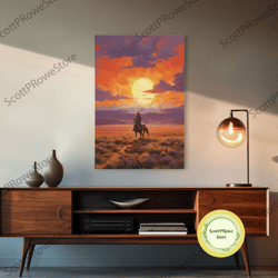 cowboy silhouette wall art, western wall decor, sunset wall art, canvas print, wall art, vertical art, teen boy wall art