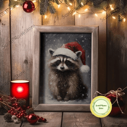 cute christmas fox in a santa hat, christmas art, christmas decor, christmas wall art, farmhouse christmas, vintage chri