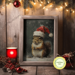 cute christmas raccoon in a santa hat, christmas art, christmas decor, christmas wall art, farmhouse christmas, vintage