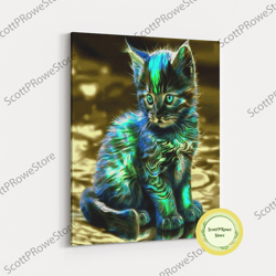 cute kawaii kitten, anime style art, framed canvas print, framed art, cat portrait, cartoon cat, kawaii artwork