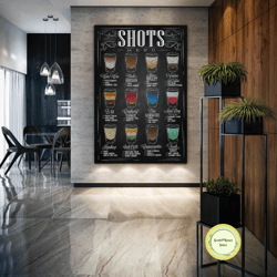 shots menu wall art, drink canvas art, restaurant decor, bar wall decor, roll up canvas, stretched canvas art, framed wa