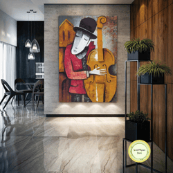 street artist wall art, playing cello canvas art, music wall decor, roll up canvas, stretched canvas art, framed wall ar