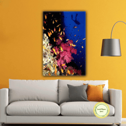 underwater goldfish diver landscape roll up canvas, stretched canvas art, framed wall art painting
