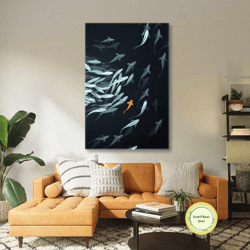 underwater wall art, orange fish canvas art, sea wall decor, roll up canvas, stretched canvas art, framed wall art paint