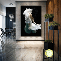 underwater wall art, woman canvas art, sea wall decor, roll up canvas, stretched canvas art, framed wall art painting