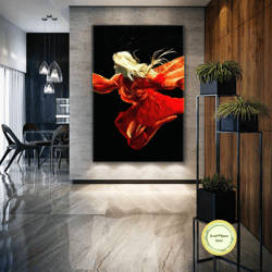 underwater wall art, woman canvas art, red dress wall decor, roll up canvas, stretched canvas art, framed wall art paint