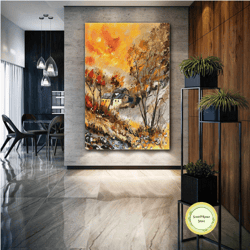 village house wall art, forest canvas art, nature wall decor, roll up canvas, stretched canvas art, framed wall art pain