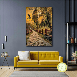 village road wall art, stone road canvas art, forest wall decor, nature art, roll up canvas, stretched canvas art, frame