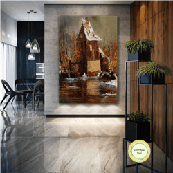 water mill wall art, wooden house canvas art, living room wall decor, roll up canvas, stretched canvas art, framed wall