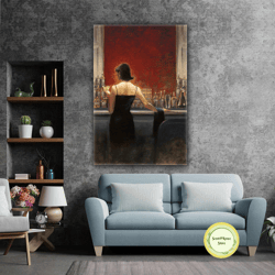 woman drinking at bar with oil painting effects in black dress turning back roll up canvas, stretched canvas art, framed