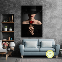 woman in black hat rose red lipstick roll up canvas, stretched canvas art, framed wall art painting