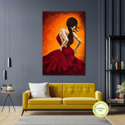 woman wall art, dancer canvas art, red dress wall decor, roll up canvas, stretched canvas art, framed wall art painting