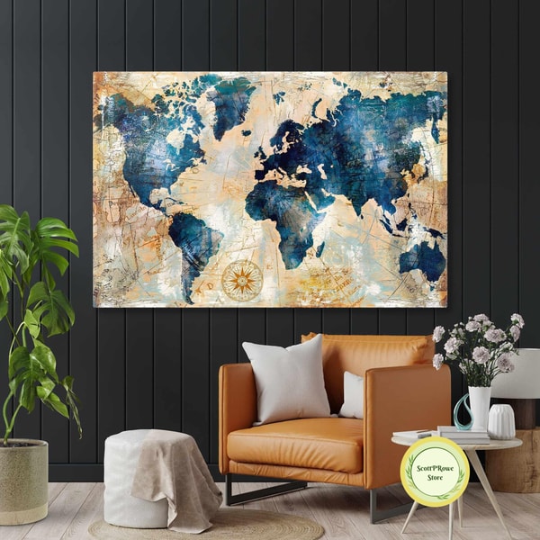 World Map World Map Retro Style Roll Up Canvas, Stretched Ca | Inspire ...