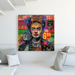 frida kahlo pop art canvas, feminist art poster, square print modern canvas