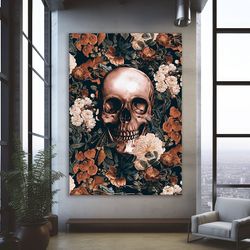 gothic floral skull, vintage poster, art print, home decor, victorian painting, dark cottagecore, flowers