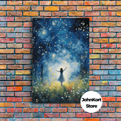 firefly art, fantasy art, girl in forest, teen girl room decor, canvas print, wall art, vertical print, unique wall deco