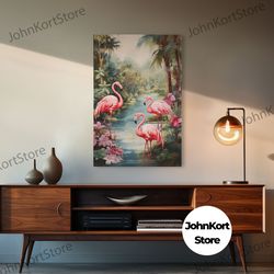 flamingo art print, tropical wall art, palm trees, canvas print, wall art, vertical print, modern house art, gift for bo
