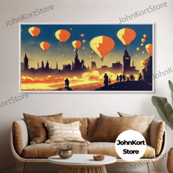 flight of the balloons, hot air balloon armada, framed canvas print, ready to hang framed wall art