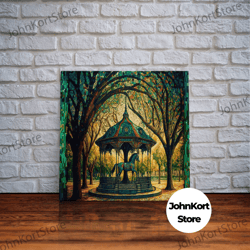 framed canvas print, painting of a vintage carousel, stained glass style wall art