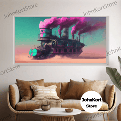 futuristic steampunk cyberpunk mashup art, steampunk riverboat in a desert, framed canvas print, scifi wildwest decor