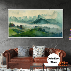 green blue foggy mountain valley watercolor canvas art print, panoramic misty rolling hills landscape, extra large panor