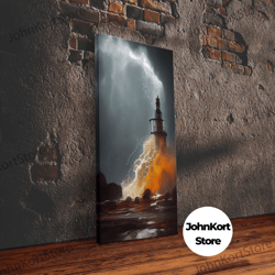 lighthouse oil painting canvas print, light house landscape print, lighthouse in a storm with lightning and thunder, wav