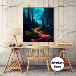 luminescent magical forest poster art, fine art print, glowing trail though the trees, fantasy art, gloomy wall art, dar