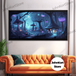 magical mushroom fantasy forest wall art, framed canvas print, game room art, fantasy decor