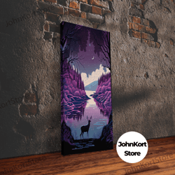mystical deer purple forest lake wall art canvas print - serene nature scene vibrant artwork