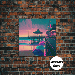 neon beach, cool beach house wall decor, synthwave pier and boardwalk, framed canvas print, framed wall art