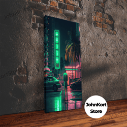 neon tokyo streets, 80s retro style tokyo art, framed canvas print