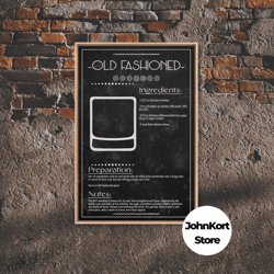 old fashioned recipe - bar cart art - bar decor - framed canvas print - blueprint art - patent art - home bar decor - ba