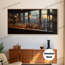 old timey western bar, oil painting of a vintage bar overlooking the city, kitchen art, kitchen wall art, home bar decor