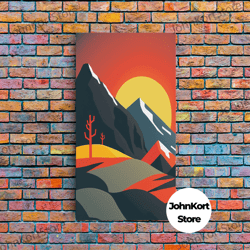 orange sky and sunset over a mountain landscape, framed canvas print, minimalist abstract art