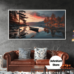 pacific northwest photography print, beautiful lake with canoe in the fall, framed canvas print, photography decor, fall