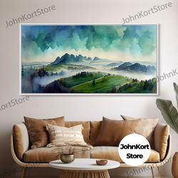 panoramic blue green mountain valley watercolor canvas art print, misty rolling hills landscape, extra large panorama pr
