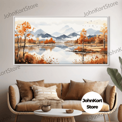 panoramic gold brown mountain valley watercolor art print on canvas, misty rolling hills landscape painting, extra large